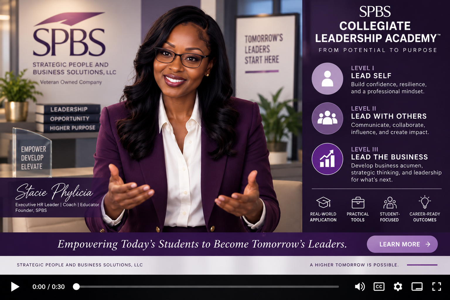 SPBS Collegiate Leadership Academy promotional cover with Stacie Phylicia smiling